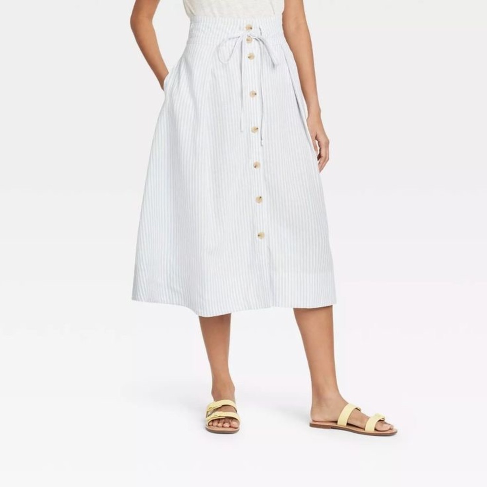 A New‎ Day Linen Blue and White Stripe Button Midi A Line Skirt